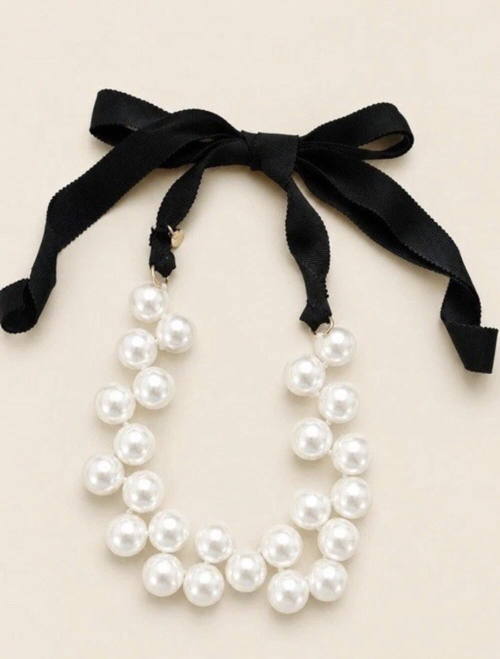 J Crew Faux Pearl cluster Black Tie Ribbon Necklace Adjustable Holidays Classy